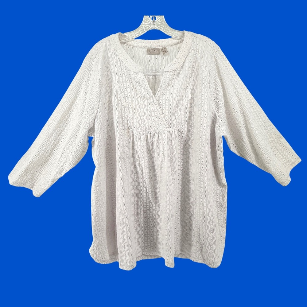 LOGO Lori Goldstein White Eyelet Textured Knit Tunic Top Surplice V-Neck 2X